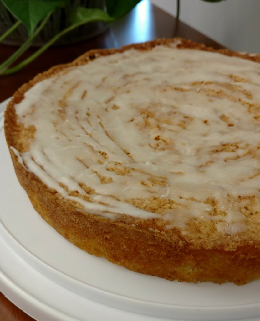 Finished whole, single layer pineapple cake topped with a sugar glaze. 